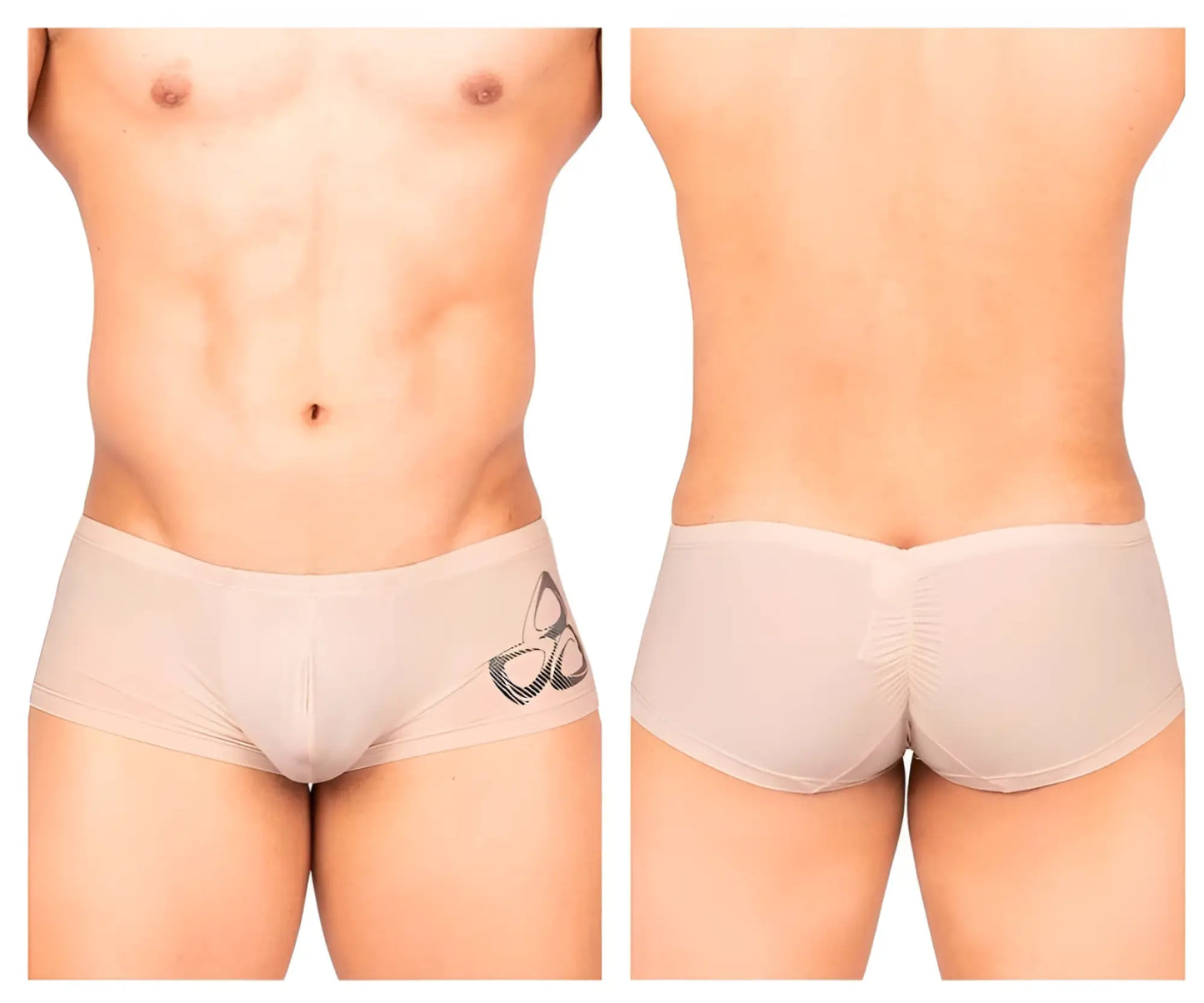 Beige private structure brut4390 bare hipster briefs with black butterfly logo on left hip in nude color