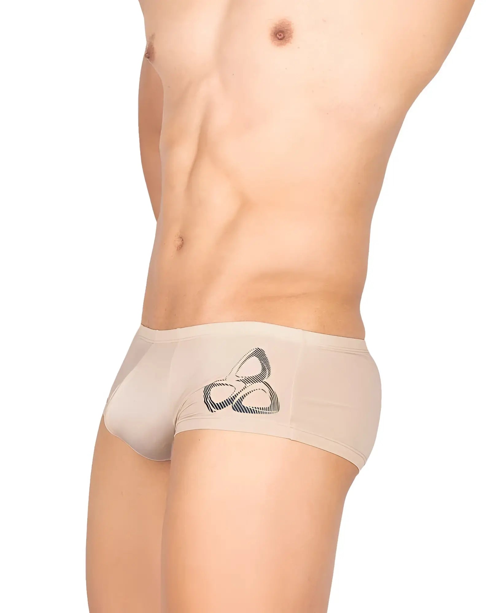 Beige men’s briefs private structure BRUT4390 bare hipster nude with black and gray geometric logo on front