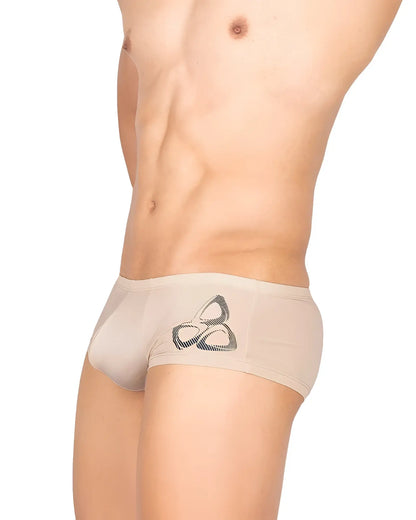Beige men’s briefs private structure BRUT4390 bare hipster nude with black and gray geometric logo on front