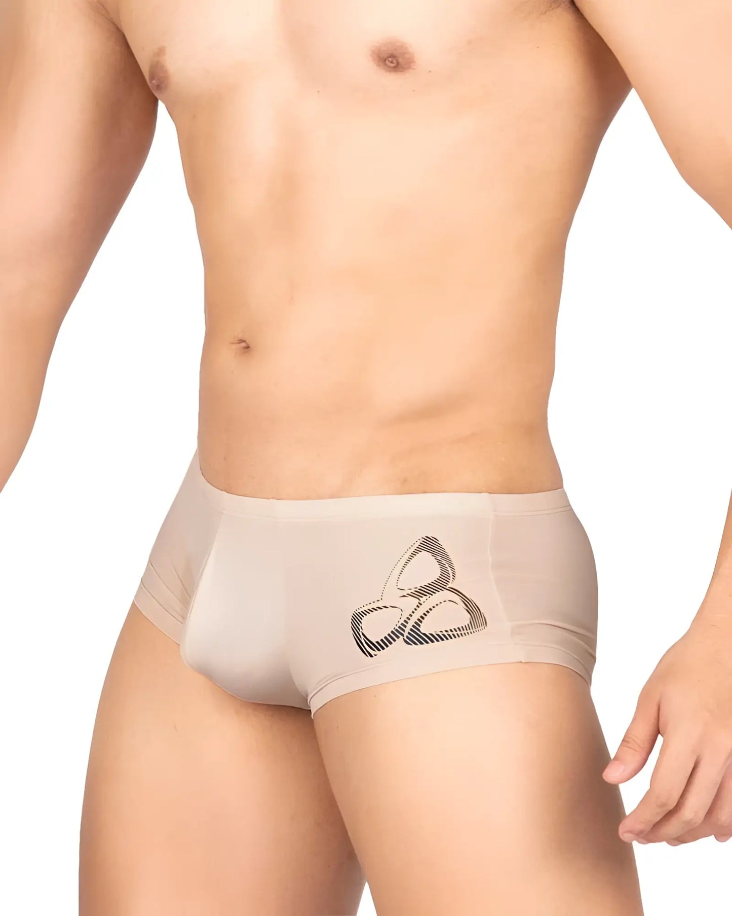 Beige sheer briefs with black geometric knot design on front by private structure brut4390 bare hipster nude