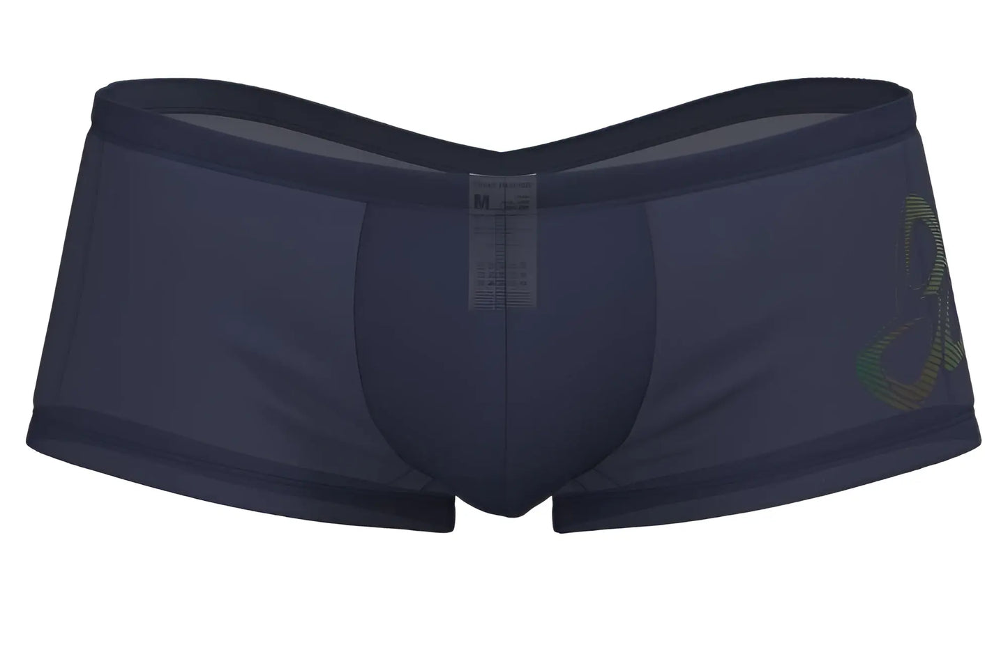 Navy blue mens briefs with subtle green and gold abstract logo on the side by private structure bruts4390 silk hipster