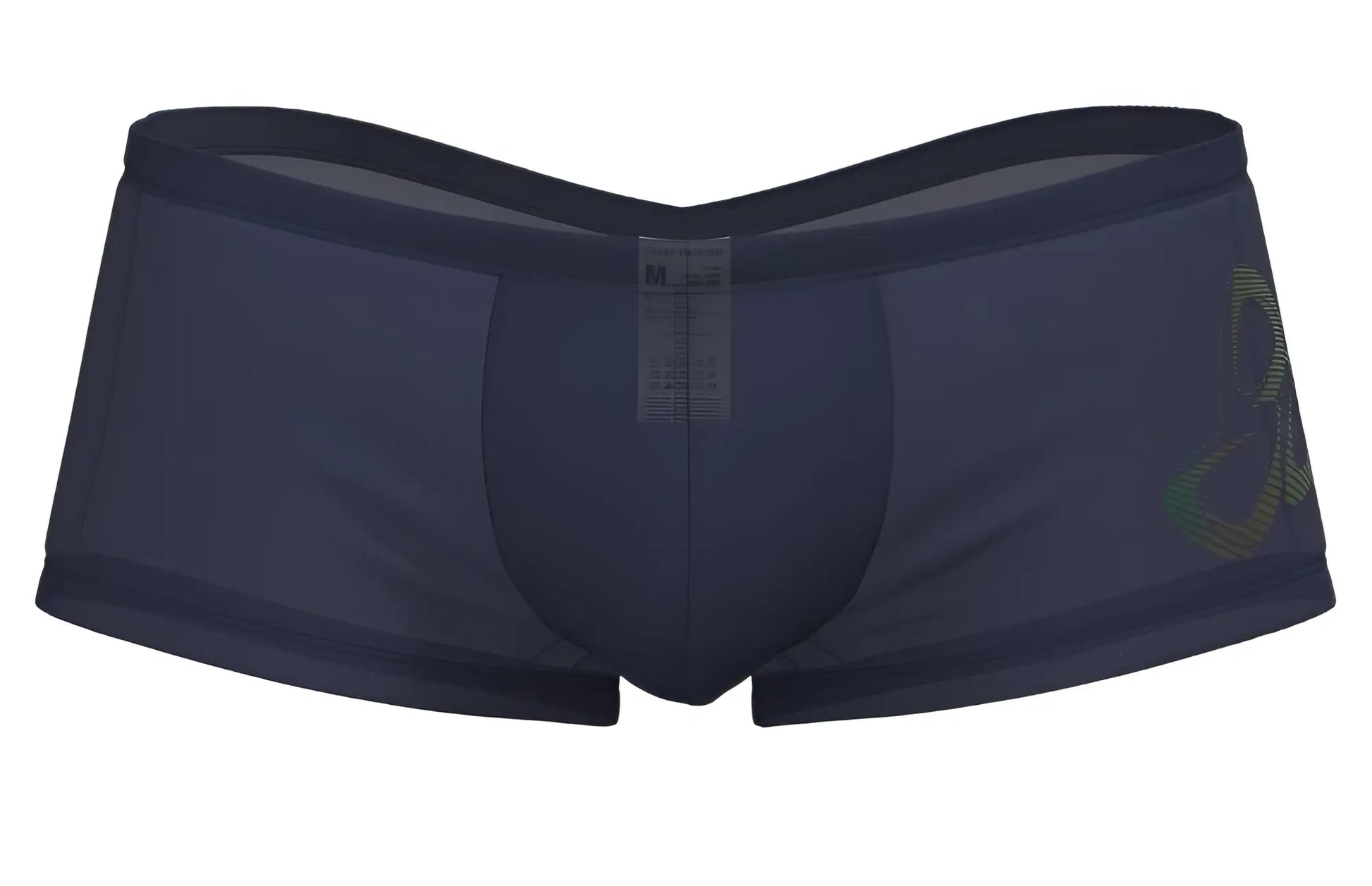 Navy blue mens briefs with subtle green and gold abstract logo on the side by private structure bruts4390 silk hipster