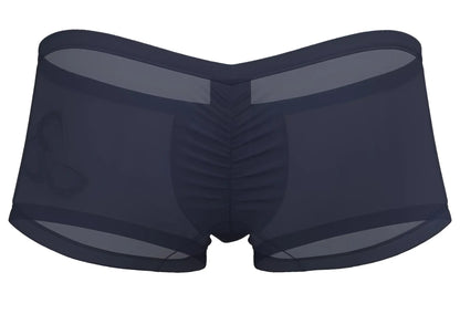 Dark navy silk mesh briefs with ruched center panel and subtle logo on left leg from private structure bare hipster