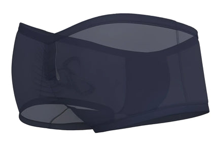 Dark navy silk mesh briefs with a faint logo on the front from private structure bare hipster collection
