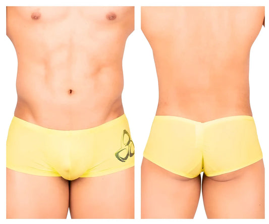 Bright yellow men’s briefs Private Structure BRUT4390 bare hipster with black embroidered butterfly on left side