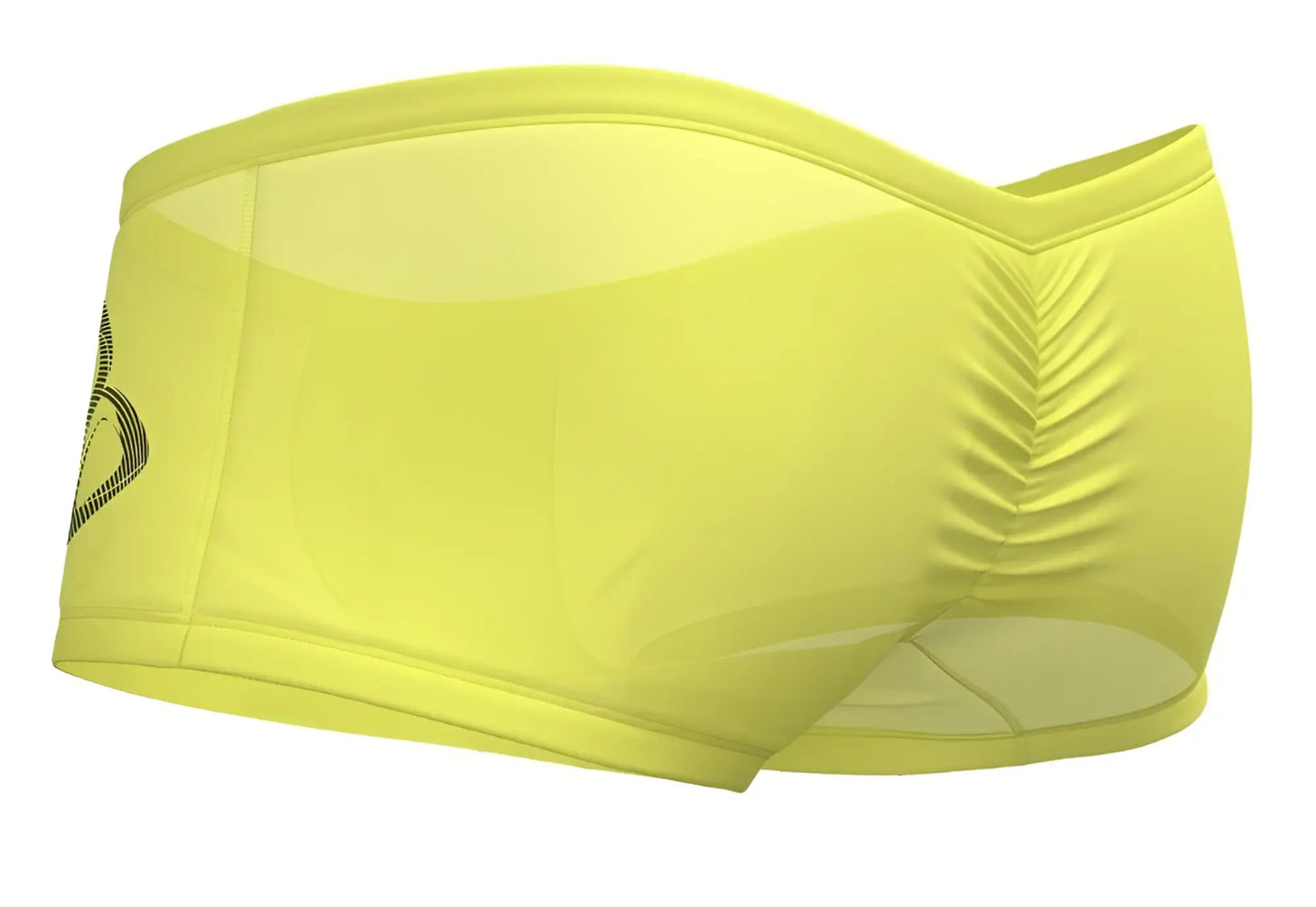 Bright yellow sheer mesh athletic briefs with black logo and vertical pleats on the side by private structure