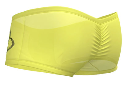 Bright yellow sheer mesh athletic briefs with black logo and vertical pleats on the side by private structure