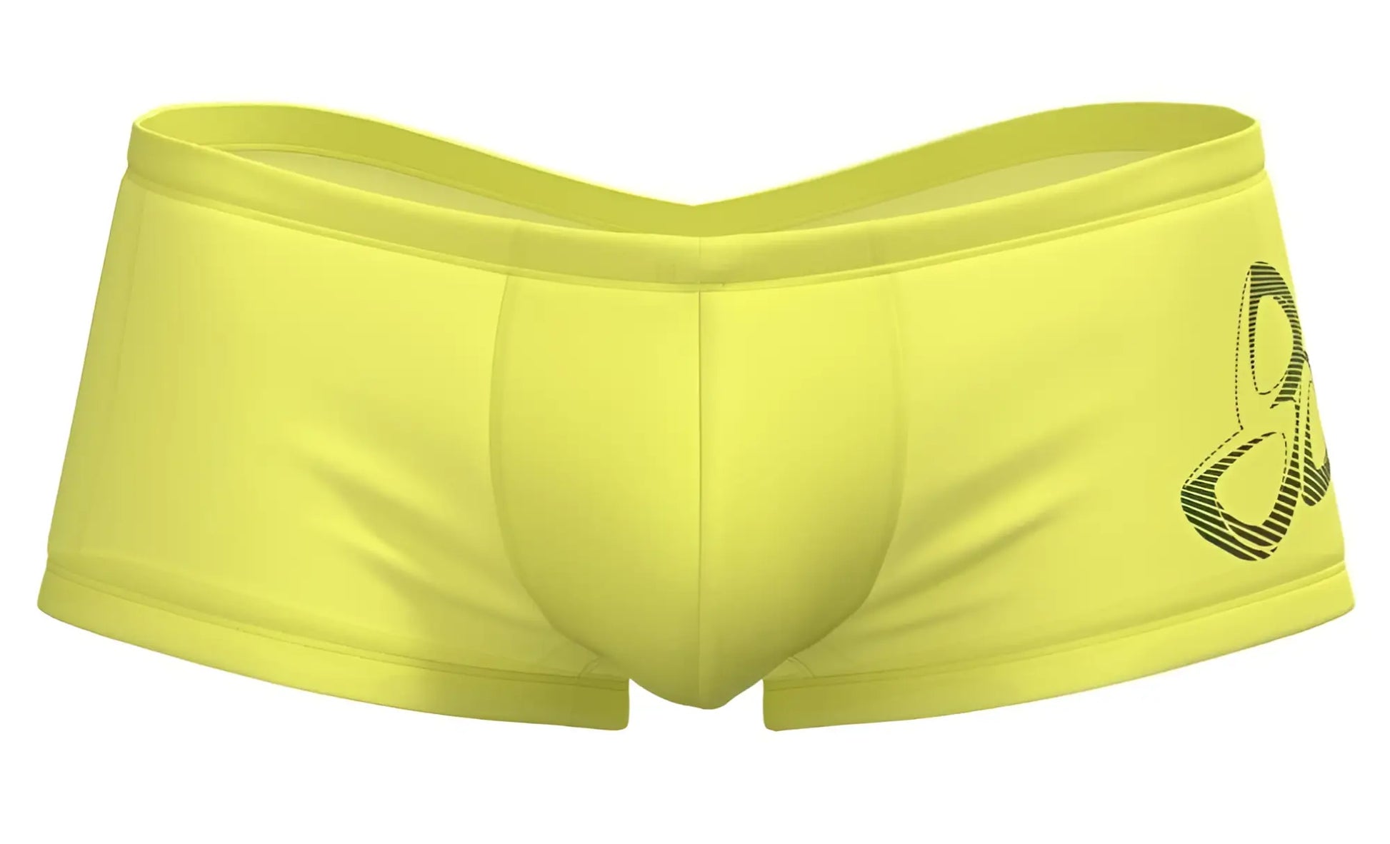 Bright yellow private structure brut4390 bare hipster swim trunks with black stylized logo on the side