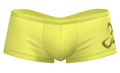 Bright yellow private structure brut4390 bare hipster swim trunks with black stylized logo on the side