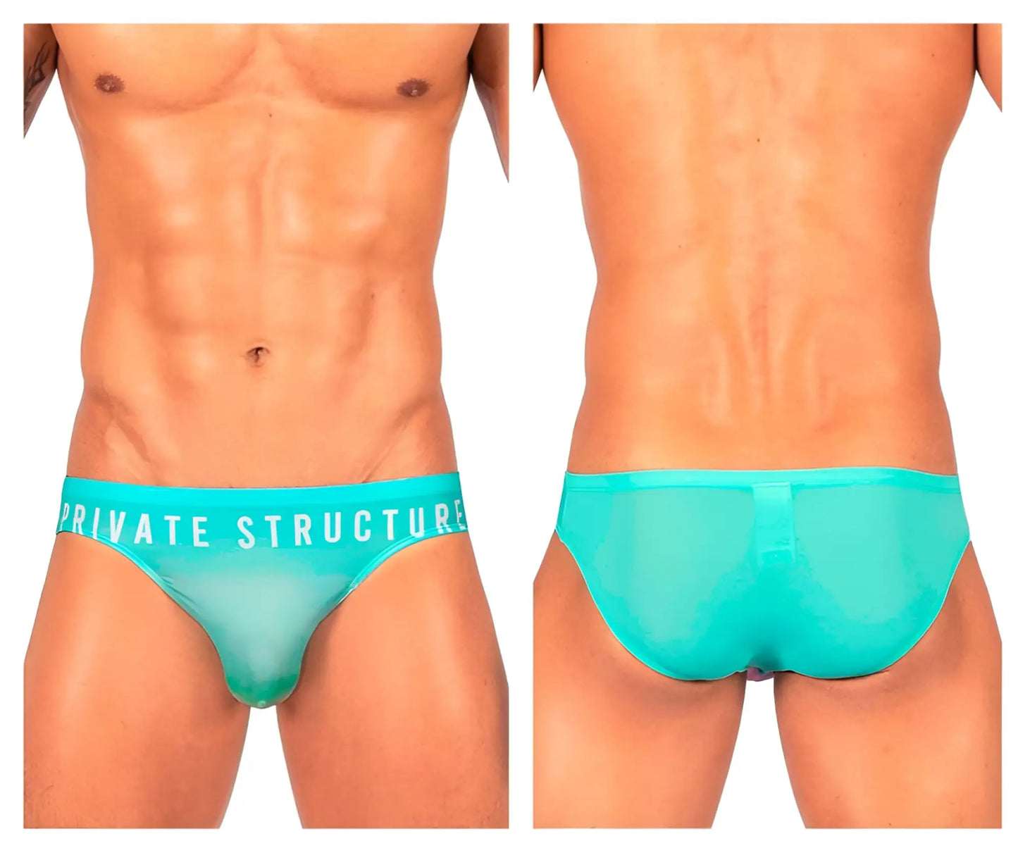 Turquoise sheer mesh briefs with private structure branding on waistband in cyan mist color bare bikini style