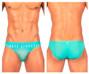 Turquoise sheer mesh briefs with private structure branding on waistband in cyan mist color bare bikini style