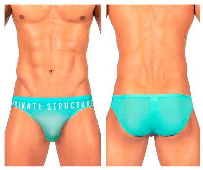 Turquoise sheer mesh briefs with private structure branding on waistband in cyan mist color bare bikini style