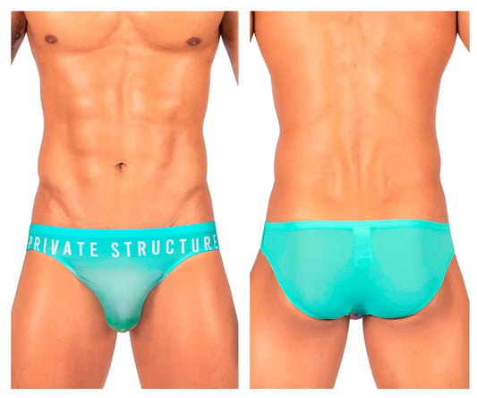 Turquoise sheer mesh briefs with private structure branding on waistband in cyan mist color bare bikini style