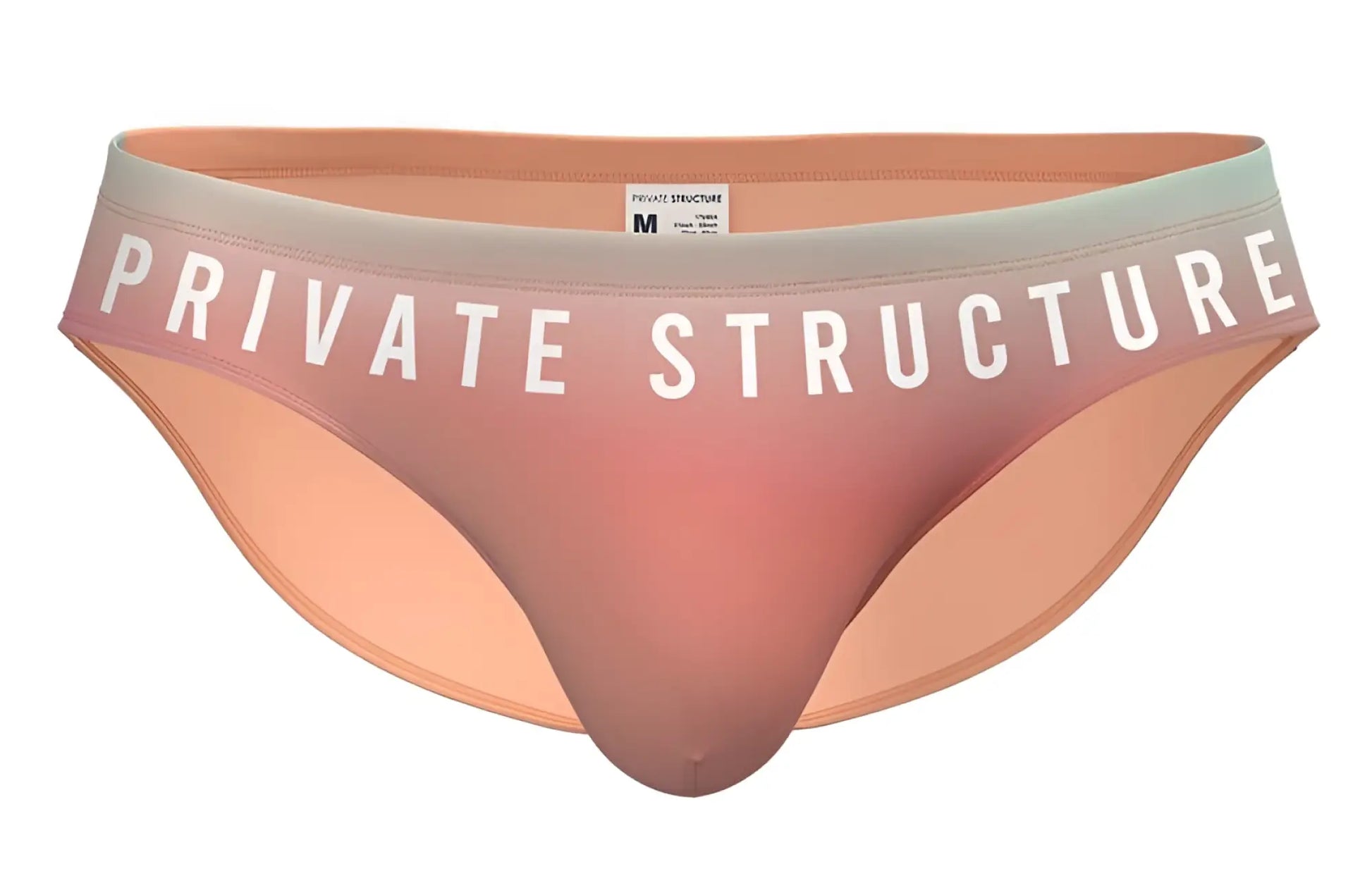 Private Structure BRUT4392 bare bikini in peach-colored sheer mesh with a white logo waistband band