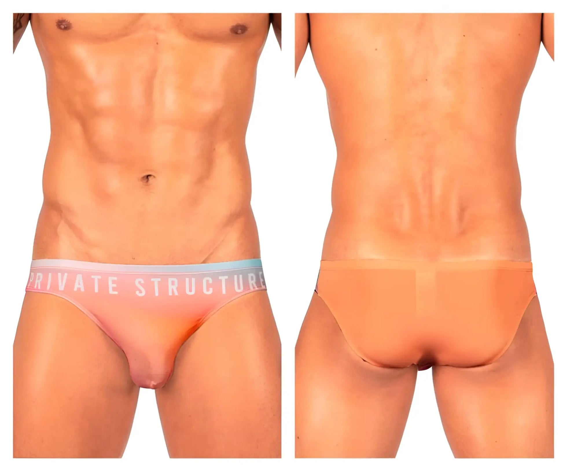 Orange sheer briefs with pink and light blue waistband featuring private structure logo bare bikini style