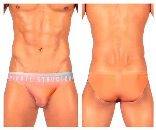 Orange sheer briefs with pink and light blue waistband featuring private structure logo bare bikini style
