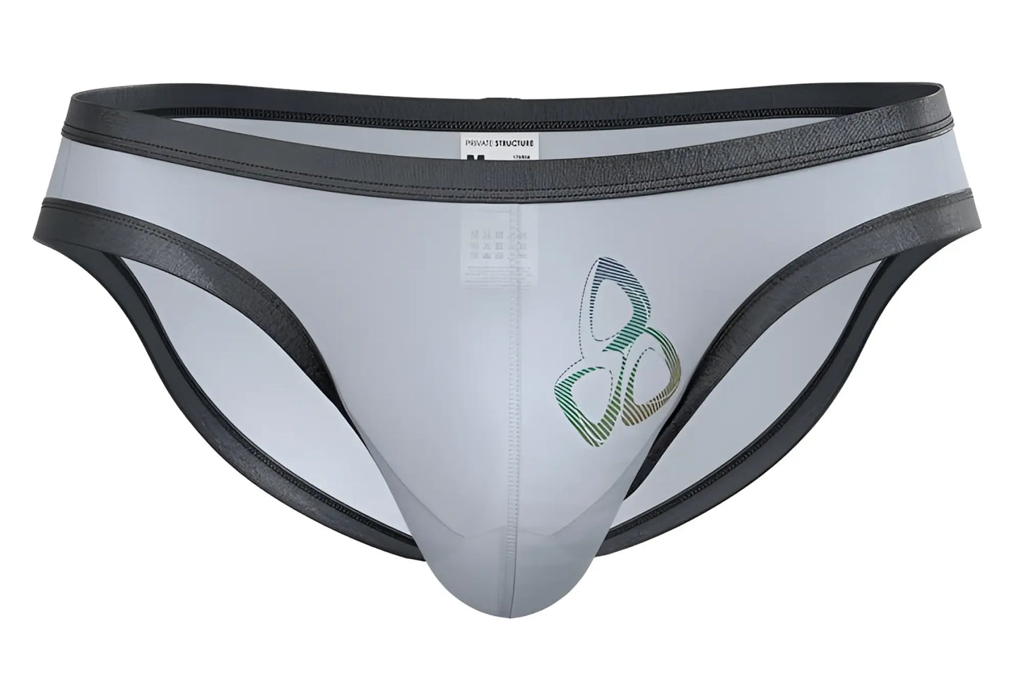 Private structure brut4393 bare bikini briefs in gray and black with a subtle green logo on the front