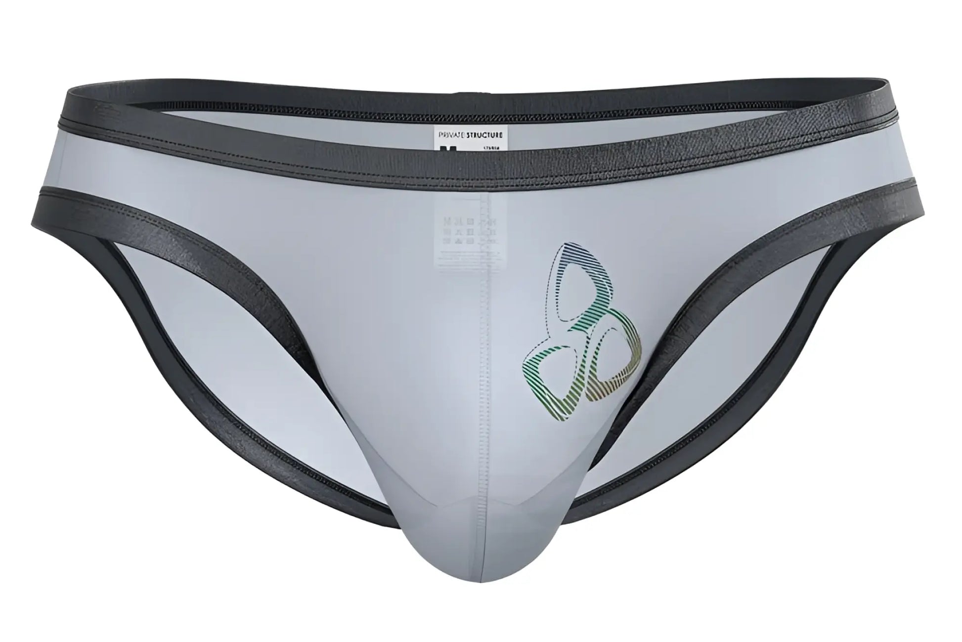 Private structure brut4393 bare bikini briefs in gray and black with a subtle green logo on the front