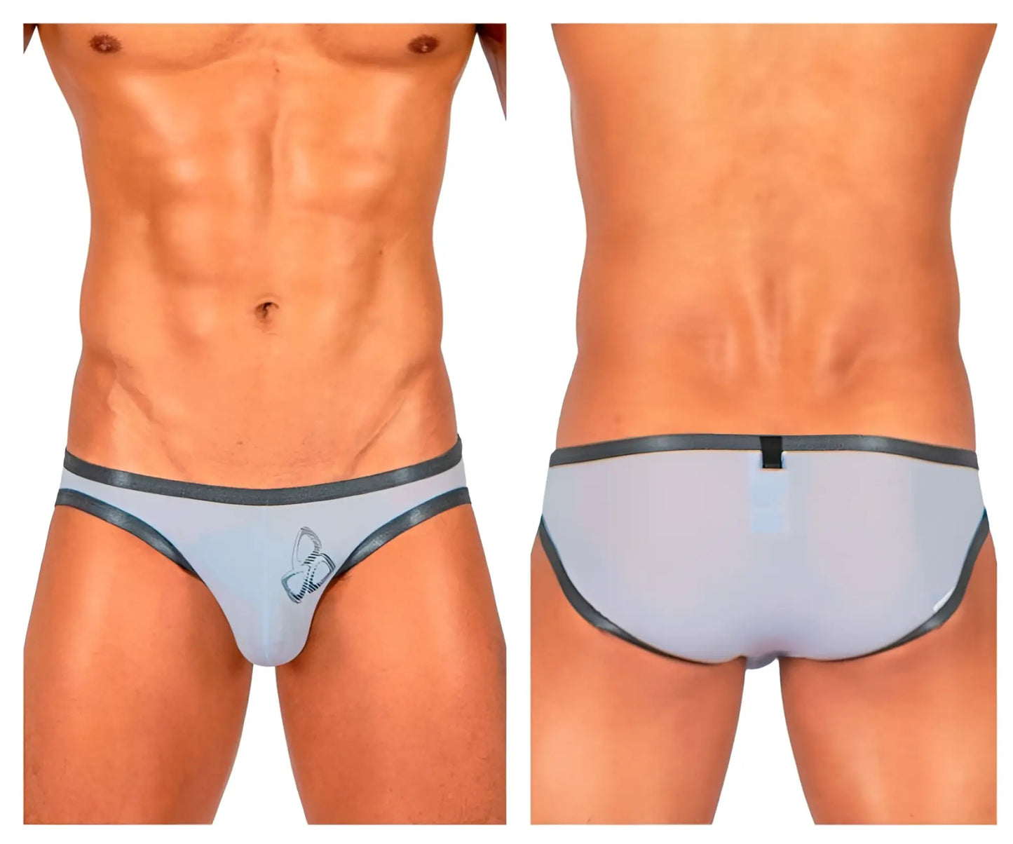 Light gray sheer briefs with dark gray trim and a small logo from private structure bare bikini lilac collection