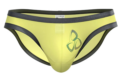 Bright yellow private structure brut4393 bare bikini briefs with black trim and green geometric logo on front