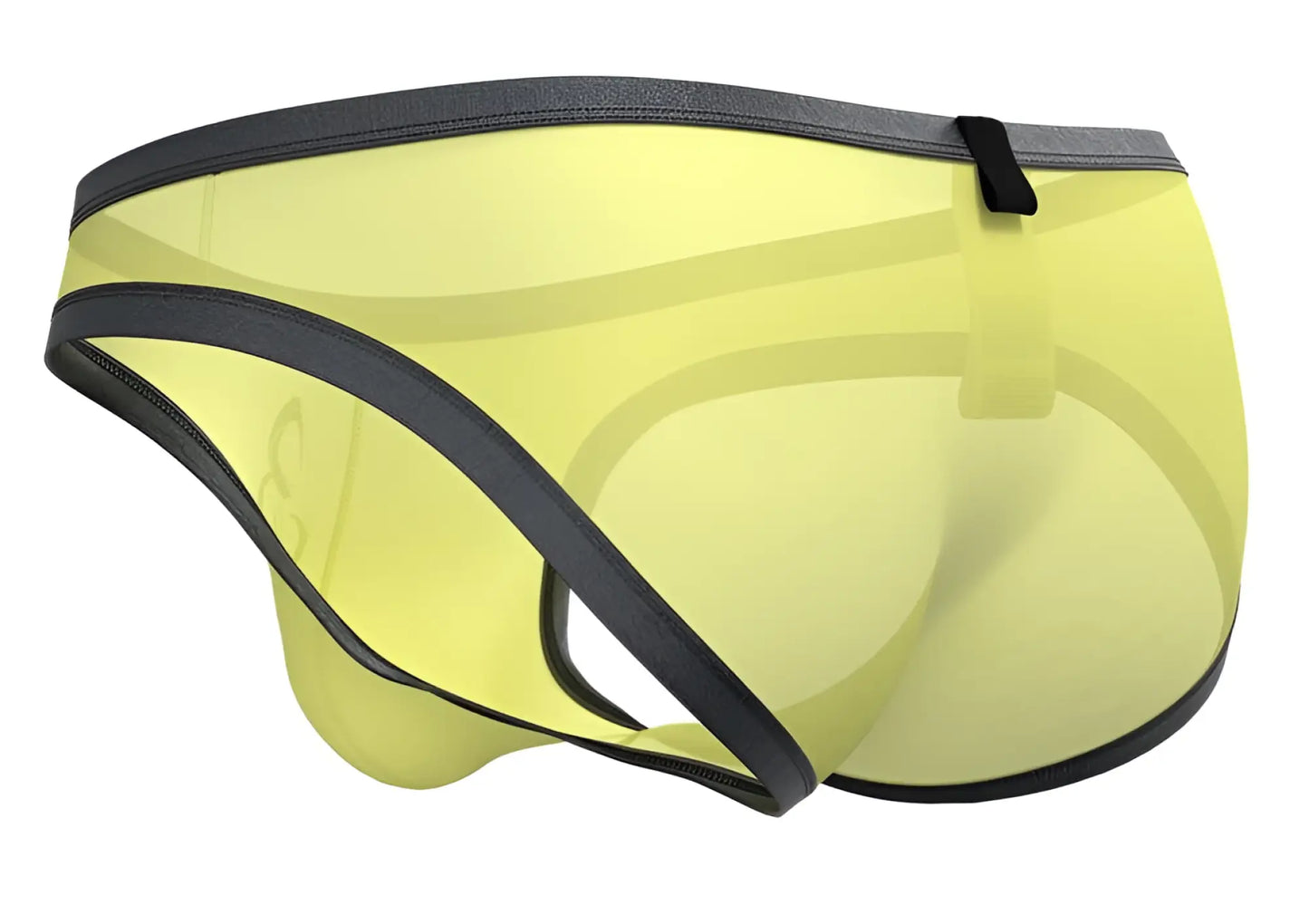 Yellow translucent mesh briefs with black elastic trim and small black tab at waistband by private structure