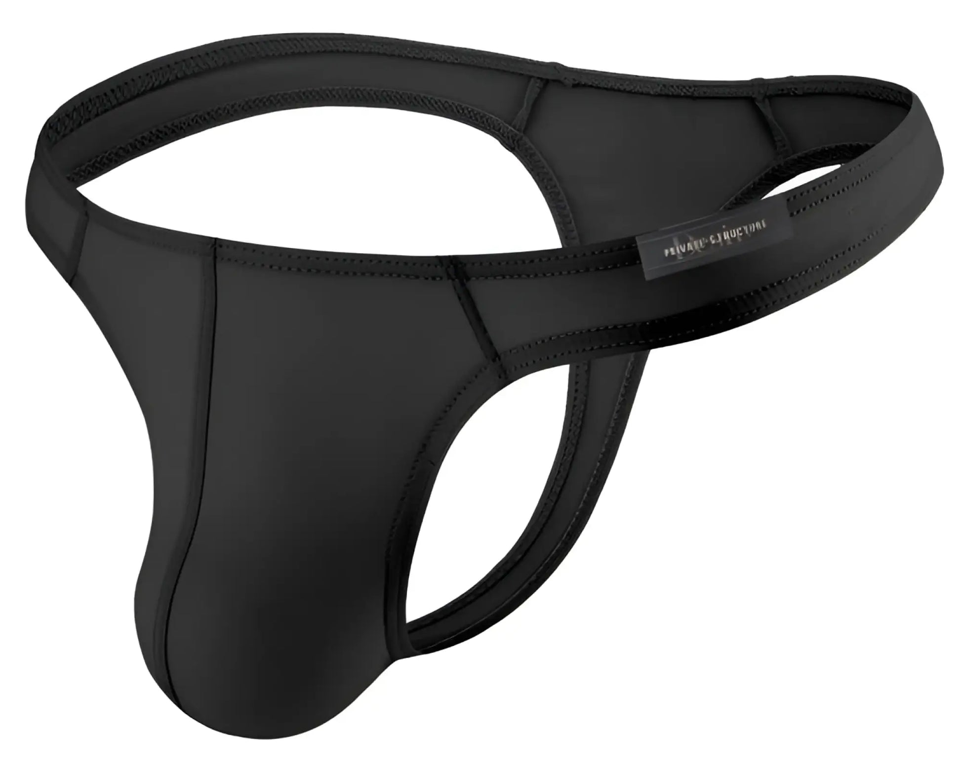 Black neoprene thong by Private Structure with sleek form-fitting design and reinforced stitching in black color