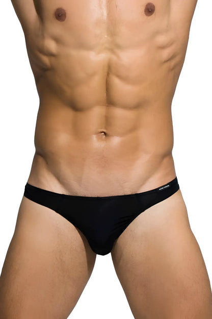 Private structure black desire glaze thong with smooth fabric minimal waistband shown from the back side