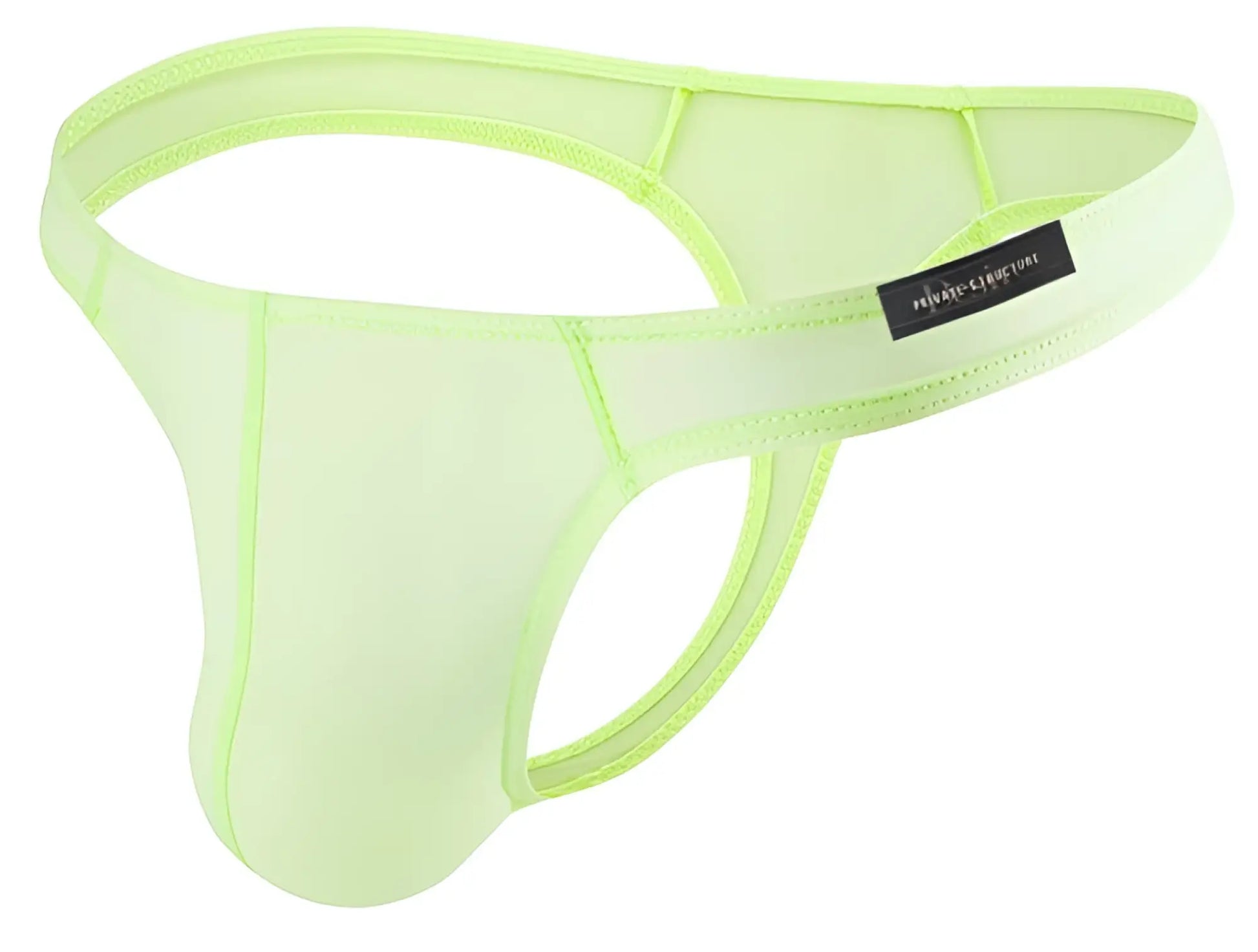Neon green mesh thong with black private structure brand tag in lime color for comfortable everyday wear