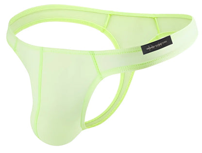 Neon green mesh thong with black private structure brand tag in lime color for comfortable everyday wear