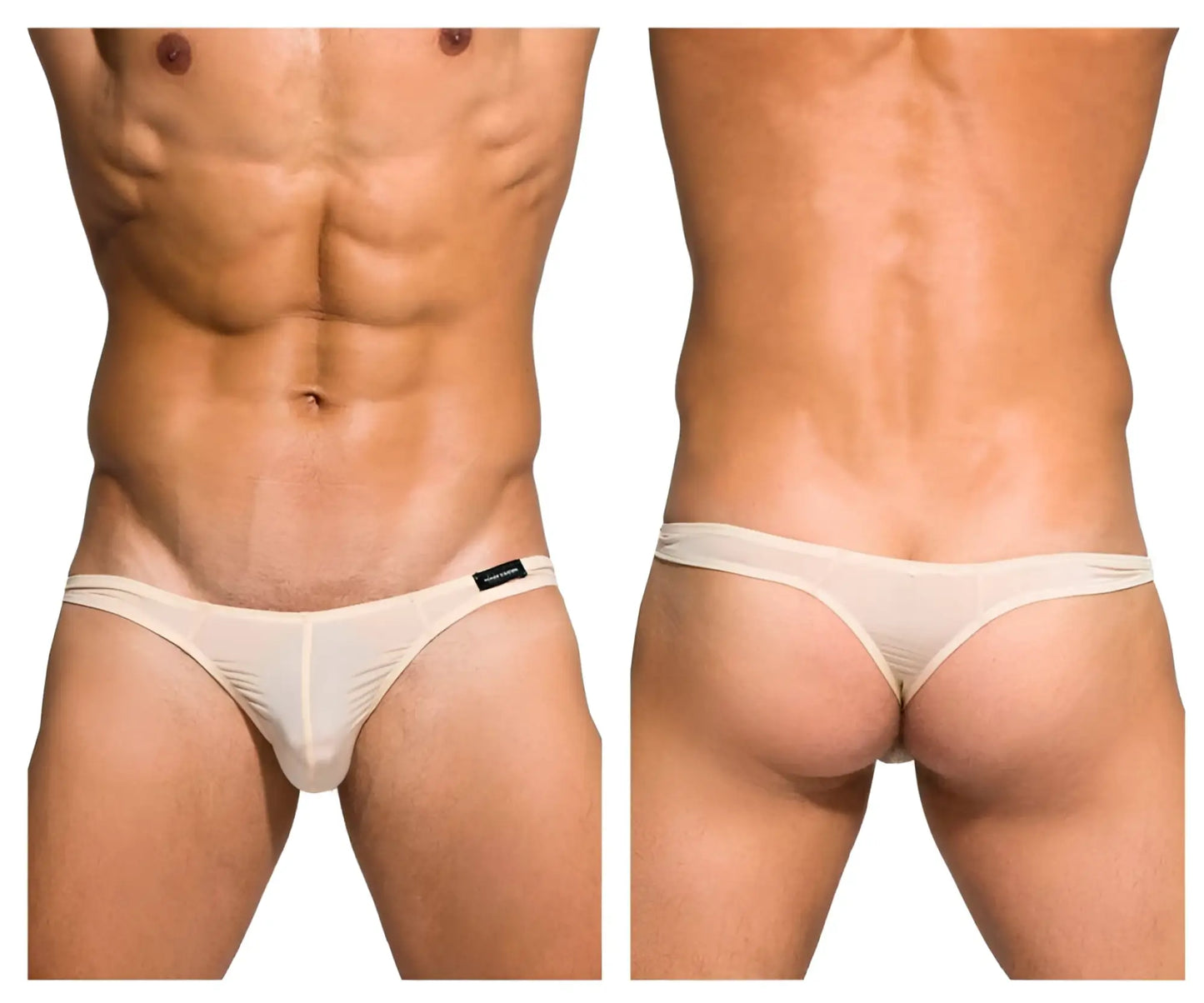 Cream-colored sheer mesh thong with black brand tag on left hipband by Private Structure nude desire glaze