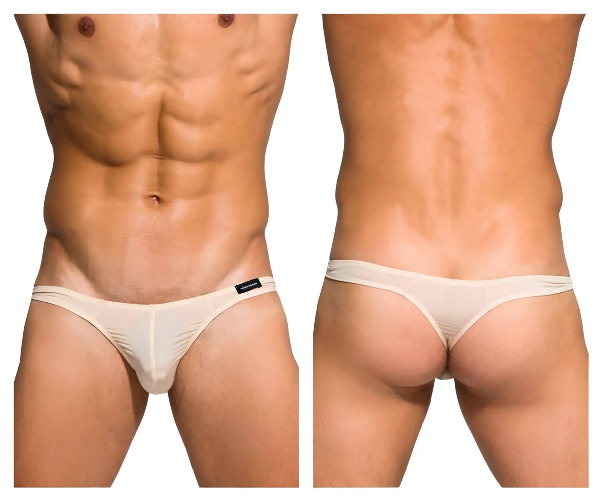Cream-colored sheer mesh thong with black brand tag on left hipband by Private Structure nude desire glaze