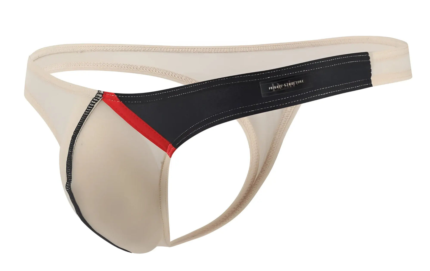 Beige and black thong with red accent stripe featuring sleek design and branded label from private structure desire glaze g-string