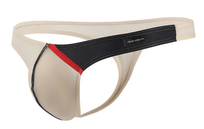 Beige and black thong with red accent stripe featuring sleek design and branded label from private structure desire glaze g-string