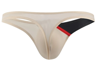 Beige Private Structure Desire Glaze G-string thong with black and red accent panel in nude color front view