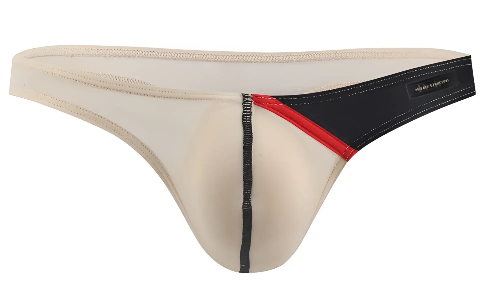 Beige thong with black and red trim featuring sleek design and subtle stitching private structure dguay4025 desire glaze g-string