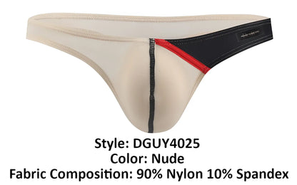 Nude-colored thong g-string with black and red side stripe made from 90 nylon 10 spandex by private structure