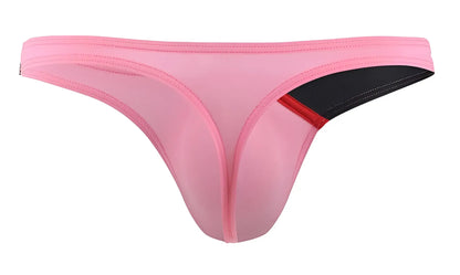 Pink sheer thong g-string by Private Structure with black and red accent panel visible from the back side