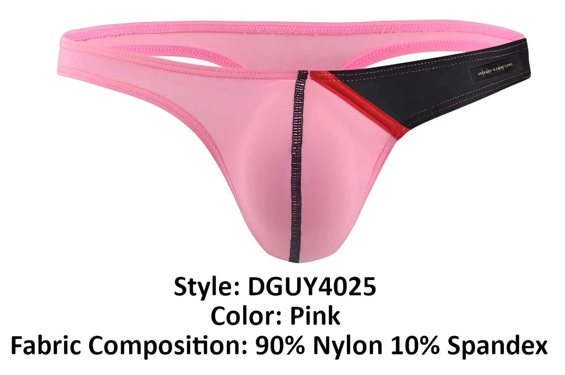 Pink thong g-string with black and red trim made of 90 nylon and 10 spandex from private structure desire glaze line