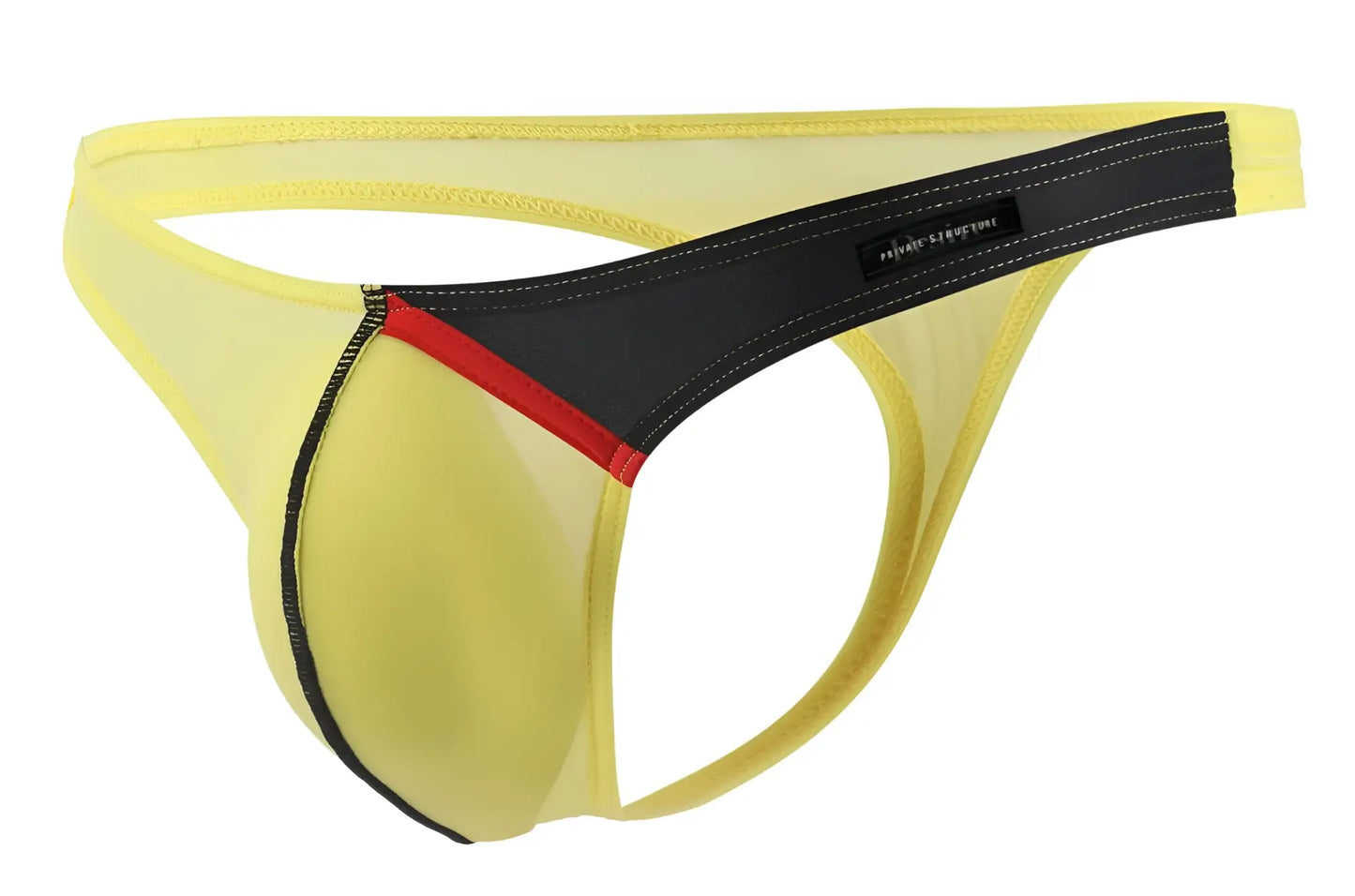 Yellow mesh thong g-string by private structure with black and red trim and branded waistband label