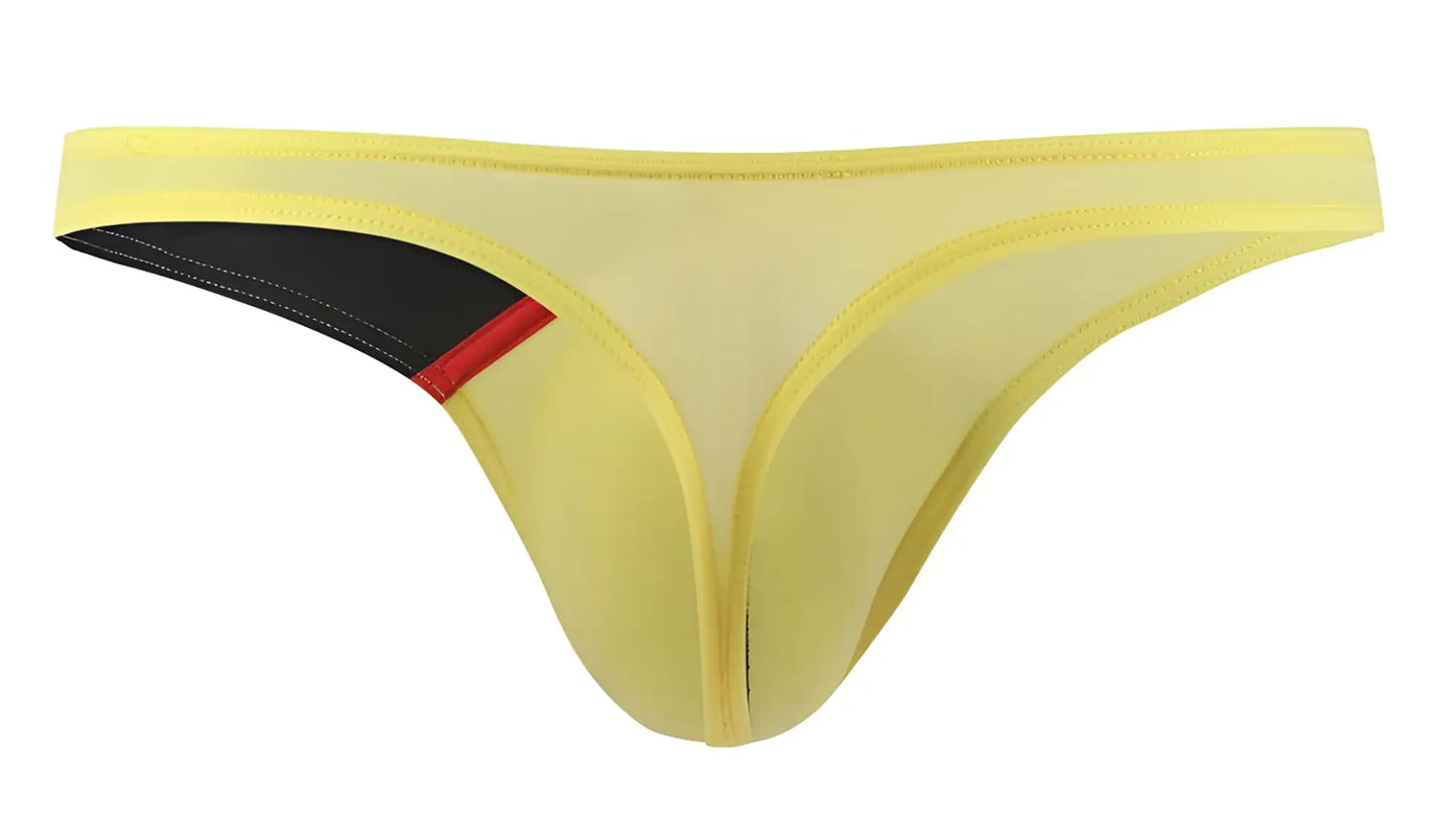 Yellow mesh thong g-string with black and red accent panel on the side from private structure desire glaze