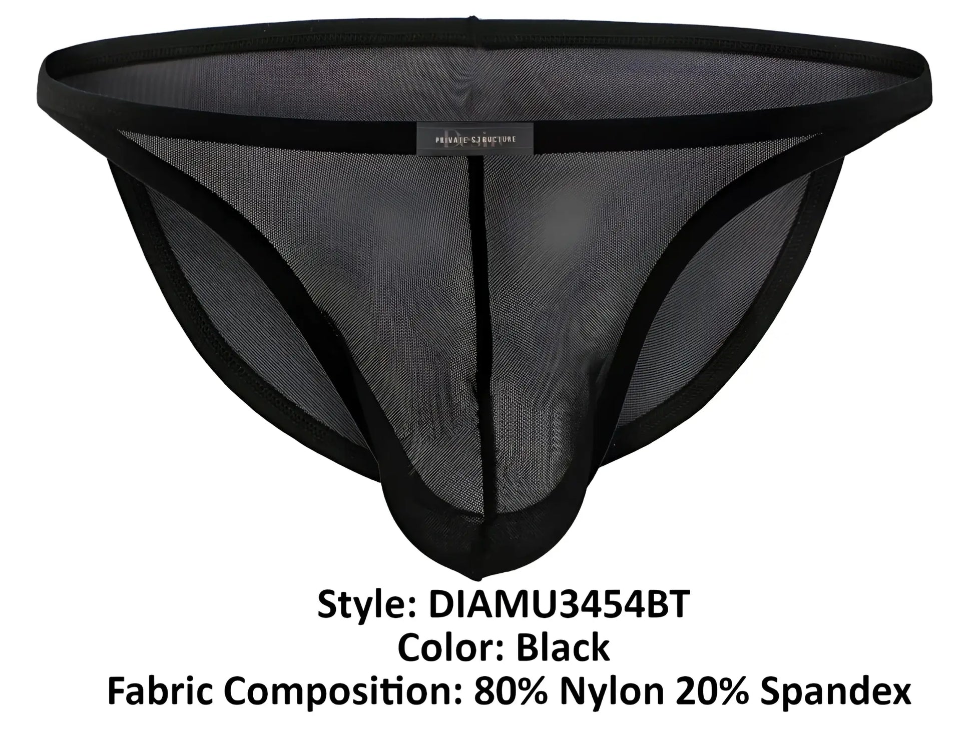 Black mesh thong with black elastic trim and central seam made of 80 nylon 20 spandex from private structure desire intima