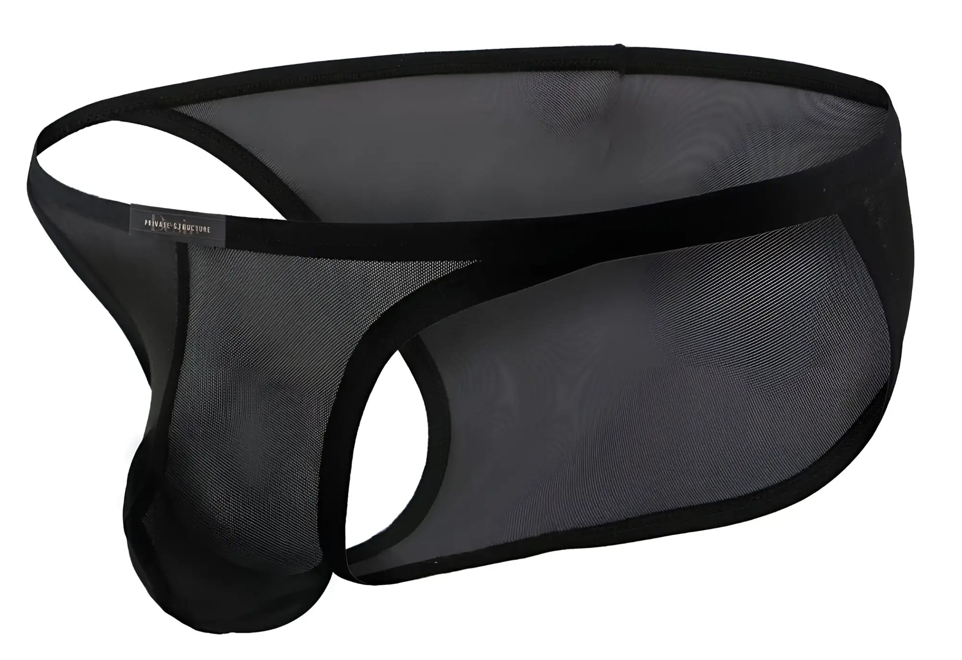 Black mesh men’s low rise bikini underwear with solid black elastic waistband and trim private structure desire intima
