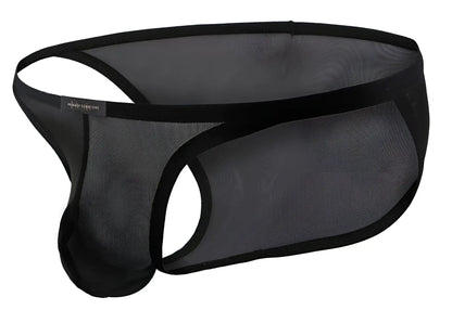 Black mesh men’s low rise bikini underwear with solid black elastic waistband and trim private structure desire intima