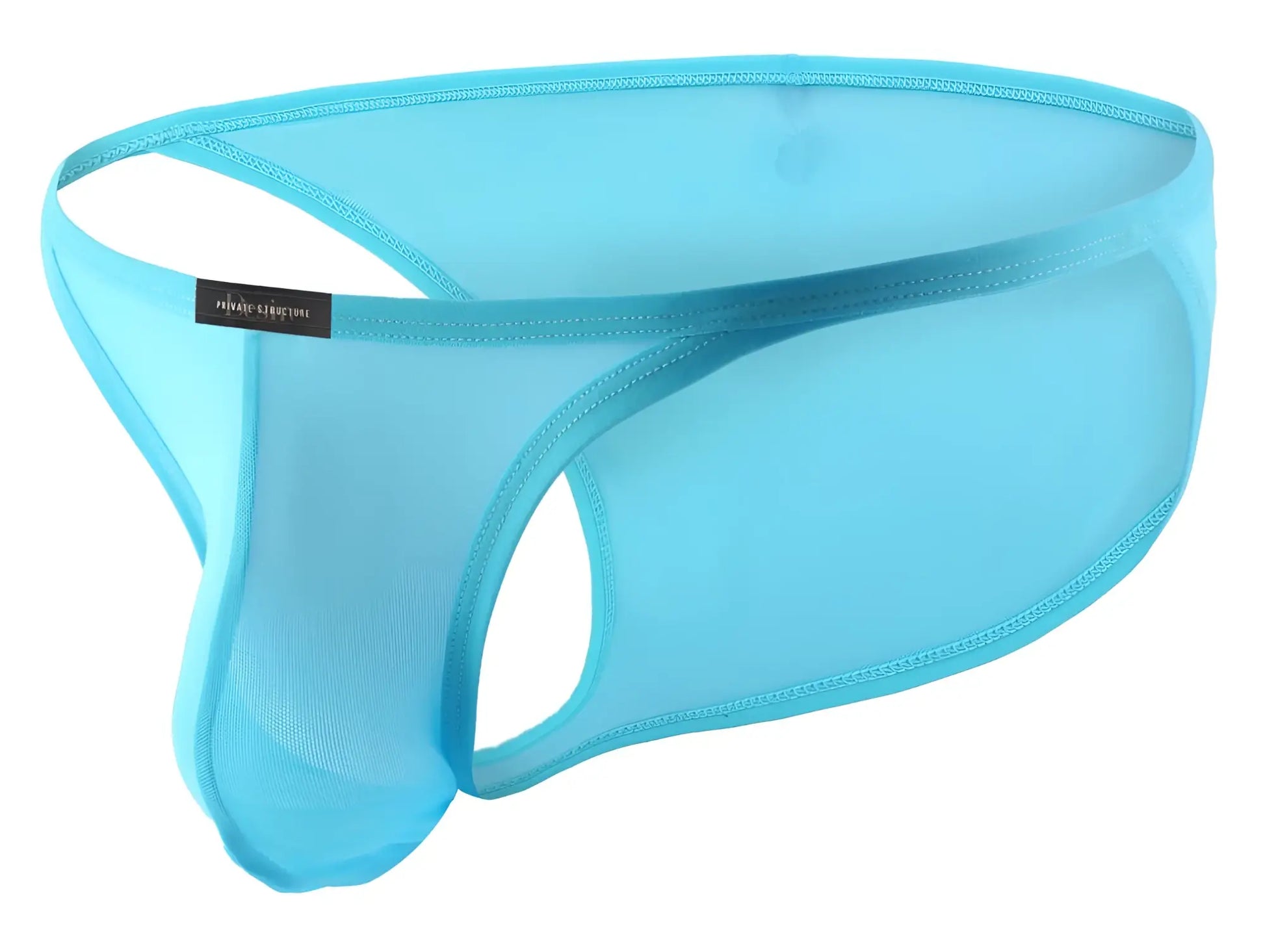 Light blue sheer mesh men’s thong with black brand tag from Private Structure desire intima low rise bikini collection