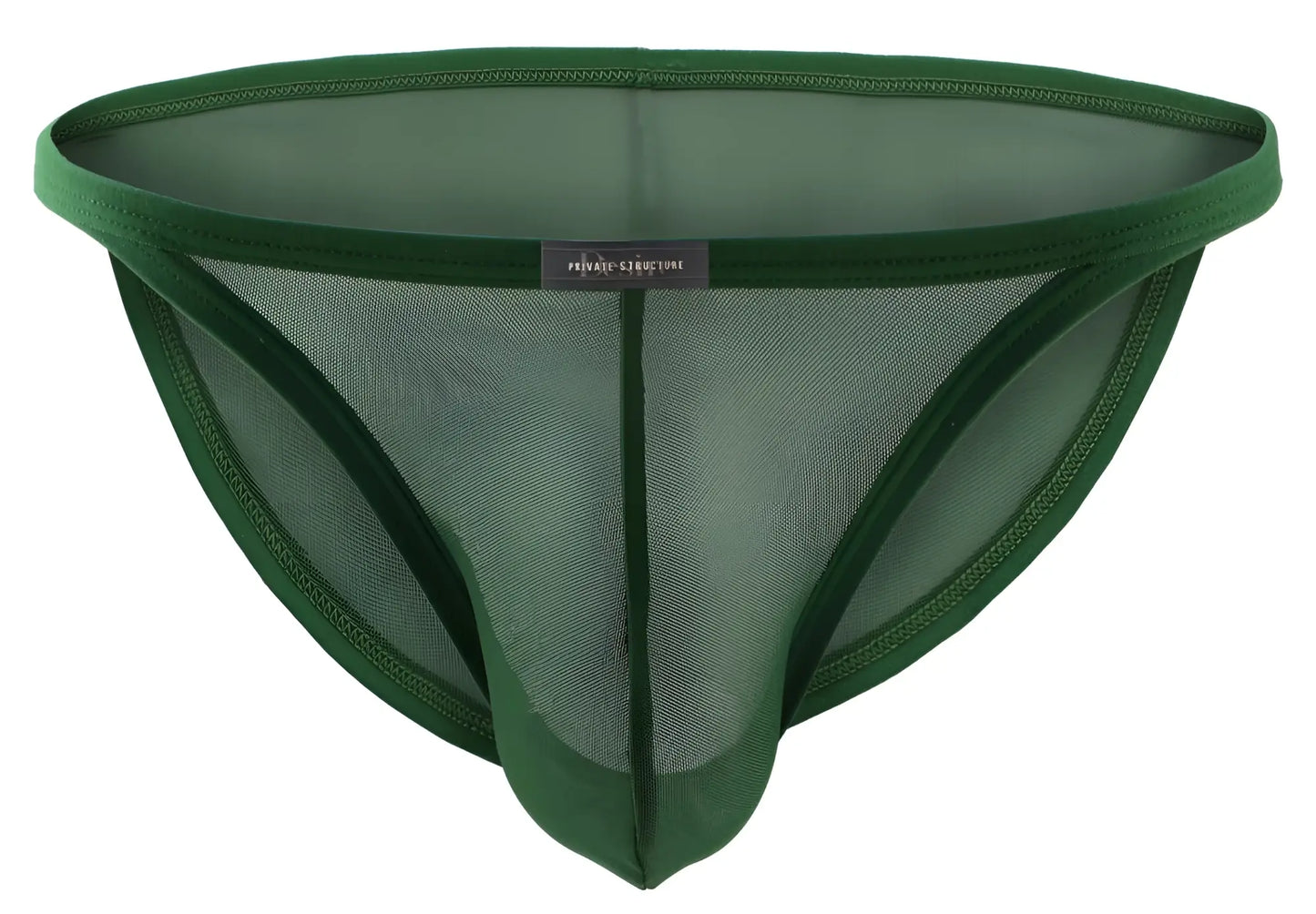 Dark green mesh thong with solid fabric waistband and leg openings from private structure desire intima low rise bikini