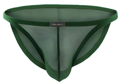 Dark green mesh thong with solid fabric waistband and leg openings from private structure desire intima low rise bikini