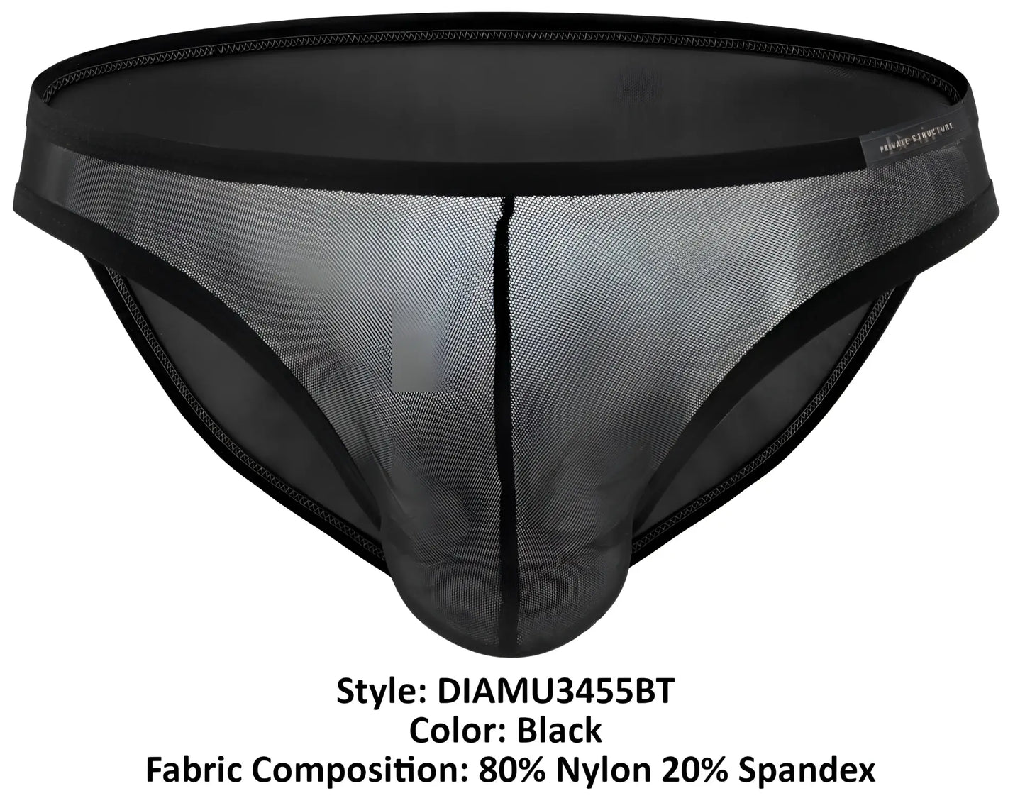 Black mesh briefs with solid elastic waistband and leg edges made from 80 nylon 20 spandex by Private Structure