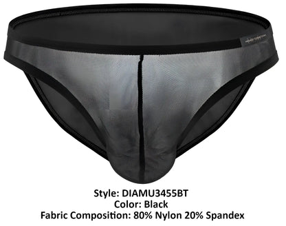 Black mesh briefs with solid elastic waistband and leg edges made from 80 nylon 20 spandex by Private Structure