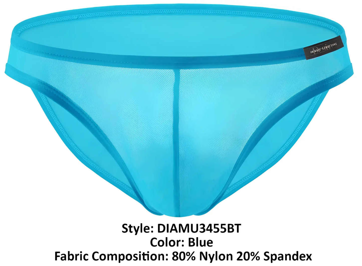 Bright blue sheer mesh low rise bikini briefs made of 80% nylon 20% spandex by Private Structure