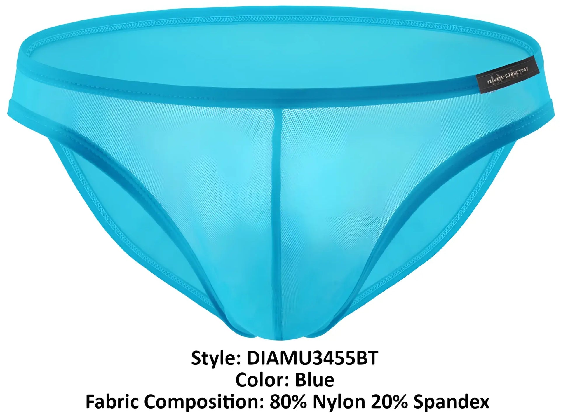 Bright blue sheer mesh low rise bikini briefs made of 80% nylon 20% spandex by Private Structure